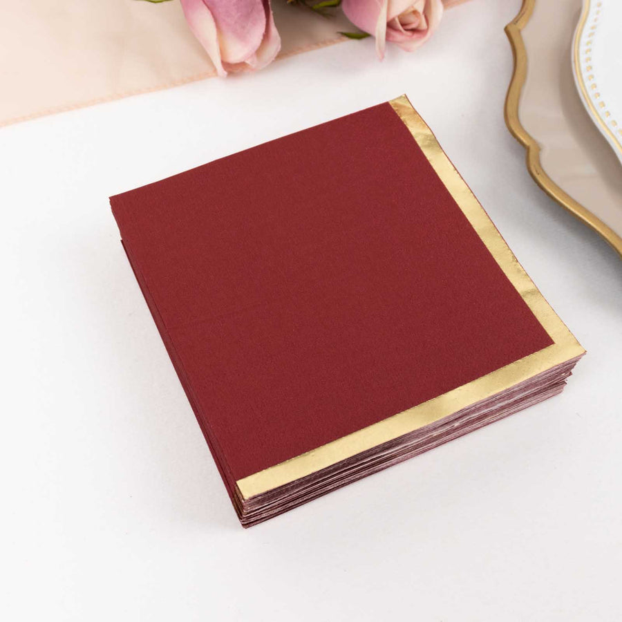 50 Pack Burgundy Disposable Cocktail Napkins with Gold Foil Edge