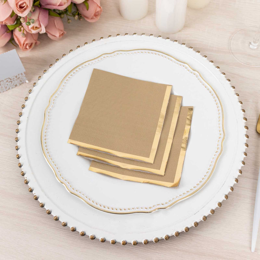 50 Pack Natural Disposable Cocktail Napkins with Gold Foil Edge