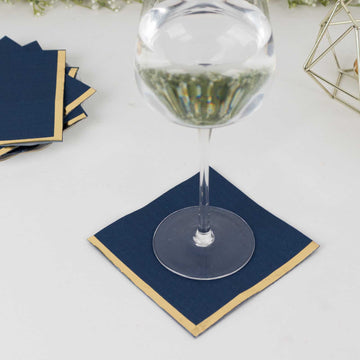 50 Pack Navy Blue Disposable Cocktail Napkins with Gold Foil Edge, Soft 2 Ply Paper Beverage Napkins - 5"x5"