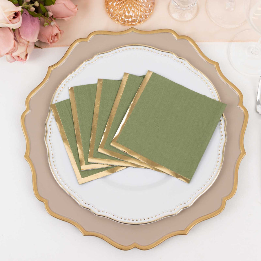 50 Pack Olive Green Disposable Cocktail Napkins with Gold Foil Edge