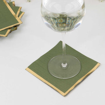50 Pack Olive Green Disposable Cocktail Napkins with Gold Foil Edge, Soft 2 Ply Paper Beverage Napkins - 5"x5"