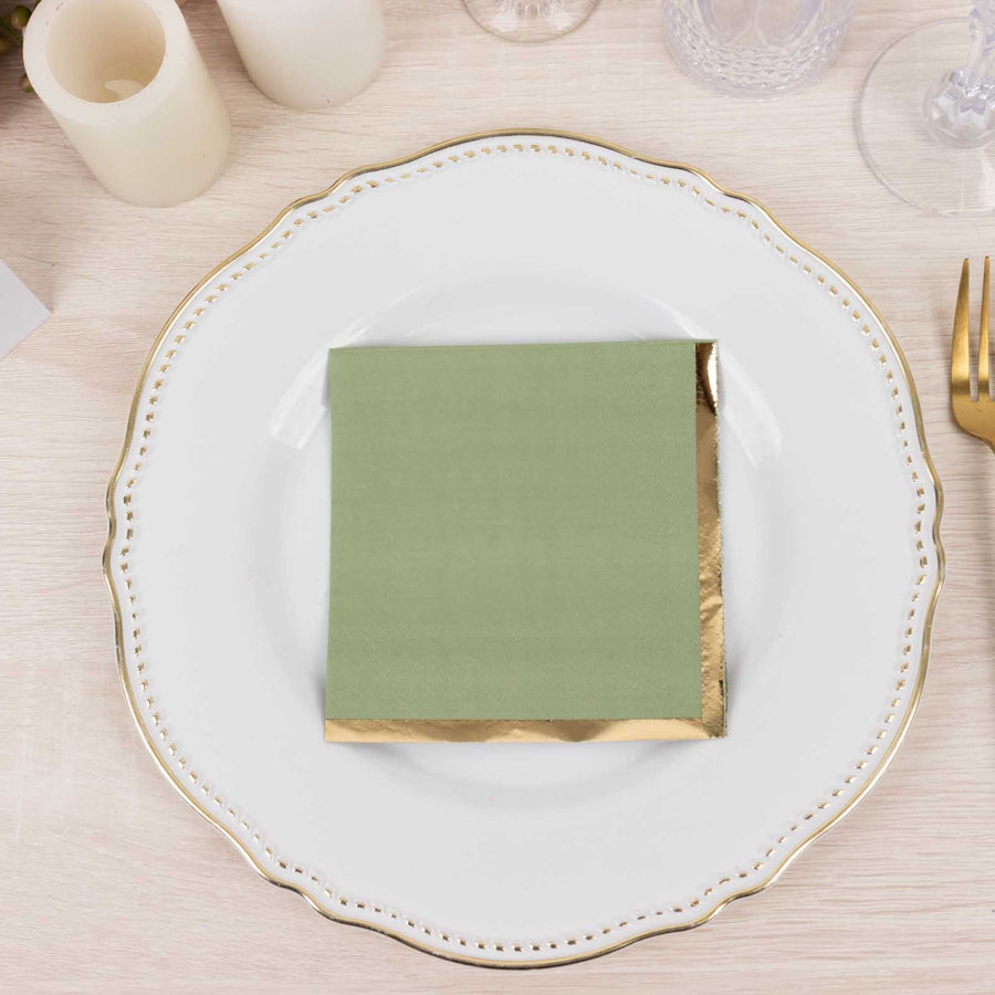 50 Pack Sage Green Disposable Cocktail Napkins with Gold Foil Edge