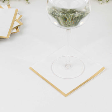 50 Pack White Disposable Cocktail Napkins with Gold Foil Edge, Soft 2 Ply Paper Beverage Napkins - 5"x5"
