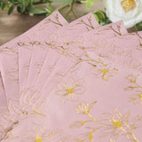 50 Pack Dusty Rose 2-Ply Paper Beverage Napkins with Gold Outlined Flowers Print