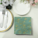 50 Pack Dusty Sage Green 2-Ply Paper Beverage Napkins with Gold Outlined Flowers Print