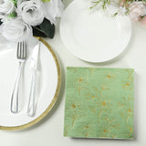 50 Pack Sage Green 2-Ply Paper Beverage Napkins with Gold Outlined Flowers Print