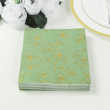 50 Pack Sage Green 2-Ply Paper Beverage Napkins with Gold Outlined Flowers Print