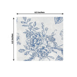 50 Pack 2-Ply Paper Beverage Napkins in Matte Blue and White French Toile Floral Pattern
