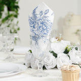 50 Pack 2-Ply Paper Beverage Napkins in Matte Blue and White French Toile Floral Pattern, Highly