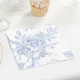50 Pack 2-Ply Paper Beverage Napkins in Matte Blue and White French Toile Floral Pattern, Highly