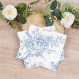 50 Pack 2-Ply Paper Beverage Napkins in Matte Blue and White French Toile Floral Pattern, Highly