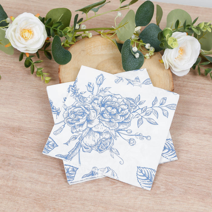 50 Pack 2-Ply Paper Beverage Napkins in Matte Blue and White French Toile Floral Pattern, Highly