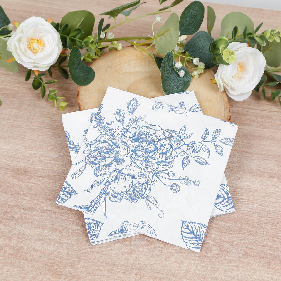 50 Pack 2-Ply Paper Beverage Napkins in Matte Blue and White French Toile Floral Pattern, Highly