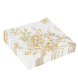 50 Pack White Gold 2-Ply Paper Beverage Napkins in French Toile Floral Pattern