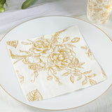 50 Pack White Gold 2-Ply Paper Beverage Napkins in French Toile Floral Pattern, Highly Absorbent