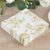 50 Pack White Gold 2-Ply Paper Beverage Napkins in French Toile Floral Pattern, Highly Absorbent