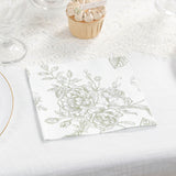 50 Pack 2-Ply Paper Beverage Napkins in Matte Sage Green and White French Toile Floral Pattern