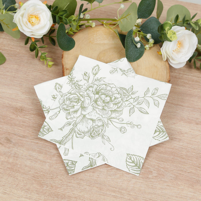 50 Pack 2-Ply Paper Beverage Napkins in Matte Sage Green and White French Toile Floral Pattern