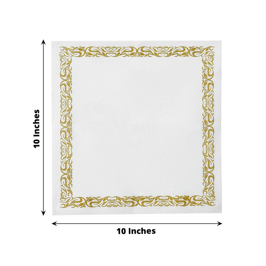 White Airlaid Paper Cocktail Napkins, Soft Linen-Feel Napkin With Gold Scroll Floral Design
