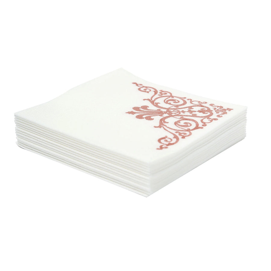 White Airlaid Paper Cocktail Napkins Soft Linen Like Napkin With Rose Gold Fleur Vintage Design