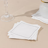 50 Pack White Single-Use Cotton Beverage Napkins with Black Hemstitched Border, Small Disposable