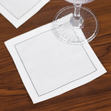 50 Pack White Single-Use Cotton Beverage Napkins with Black Hemstitched Border, Small Disposable