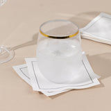 50 Pack White Single-Use Cotton Beverage Napkins with Black Hemstitched Border, Small Disposable