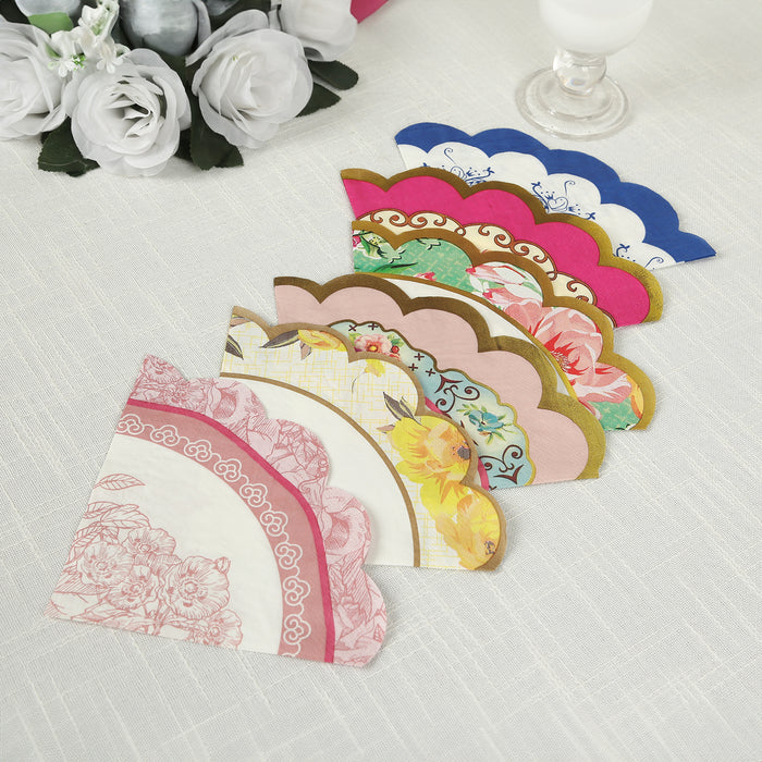 48 Pack Vintage Floral Round Paper Beverage Napkins with Scalloped Edges, Mixed Design