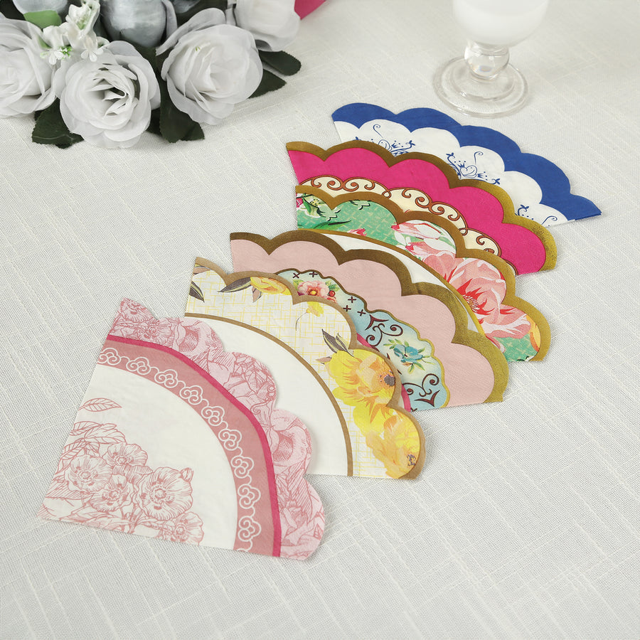 48 Pack Vintage Floral Round Paper Beverage Napkins with Scalloped Edges, Mixed Design 