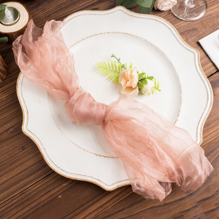 5 Pack Dusty Rose Sheer Crinkled Organza Dinner Napkins, Premium Shimmer Decorative Wedding Napkins