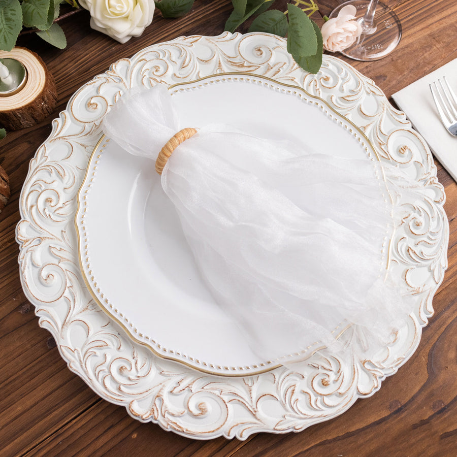 5 Pack White Sheer Crinkled Organza Dinner Napkins, Premium Shimmer Decorative Wedding Napkins