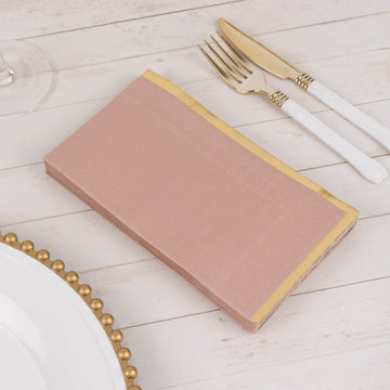 50 Pack Dusty Rose Soft 2 Ply Disposable Party Napkins with Gold Foil Edge, Dinner Paper Napkins