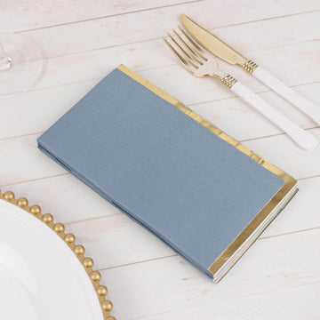 50 Pack Dusty Blue Soft 2 Ply Disposable Party Napkins with Gold Foil Edge, Dinner Paper Napkins