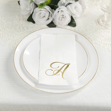 100 Paper Dinner Napkins White with Gold Foil Monogram "A" – 8"x4" Folded, Disposable Party Napkins