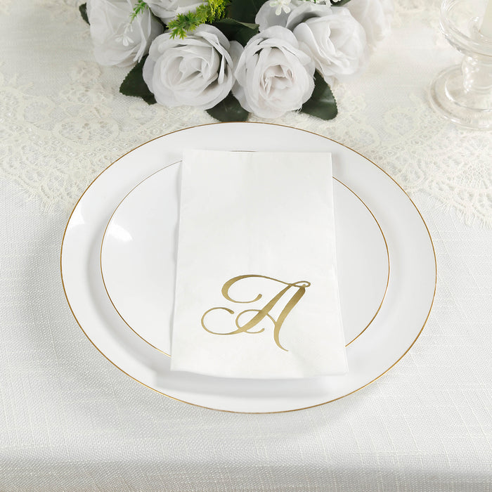 100 Paper Dinner Napkins White with Gold Foil Monogram