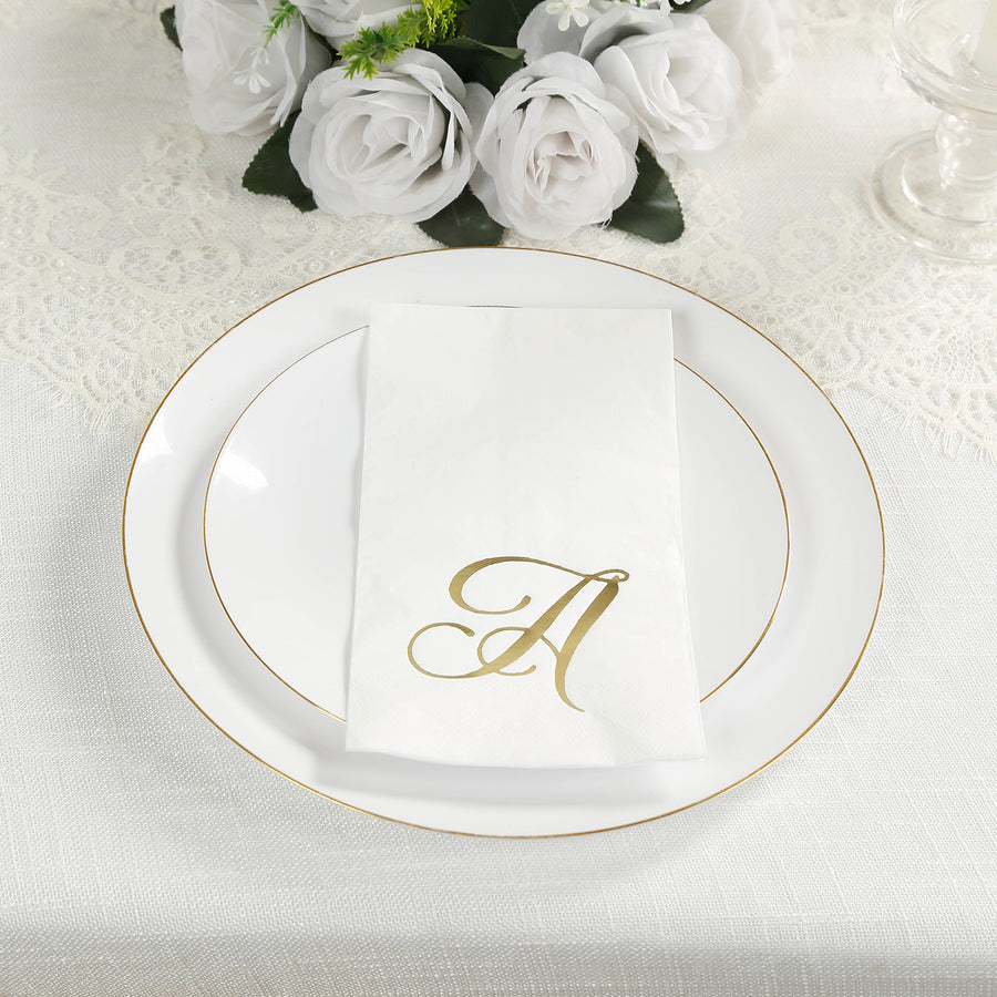 100 Paper Dinner Napkins White with Gold Foil Monogram