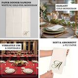 Elegant gold monogram paper dinner napkins, versatile and soft, 2-ply design.