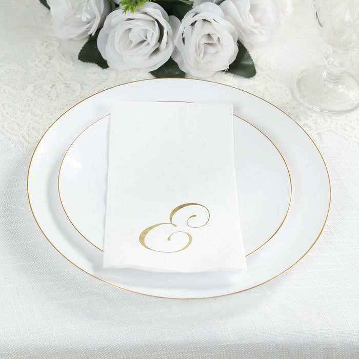 100 Paper Dinner Napkins White with Gold Foil Monogram