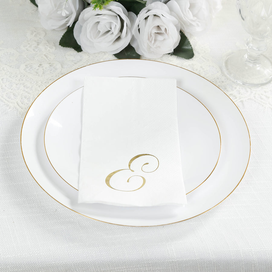 100 Paper Dinner Napkins White with Gold Foil Monogram
