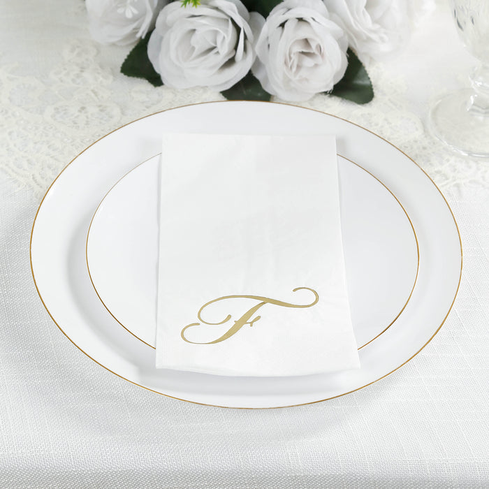 100 Paper Dinner Napkins White with Gold Foil Monogram