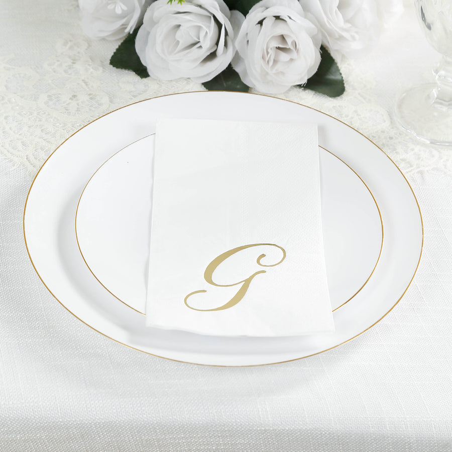 100 Paper Dinner Napkins White with Gold Foil Monogram