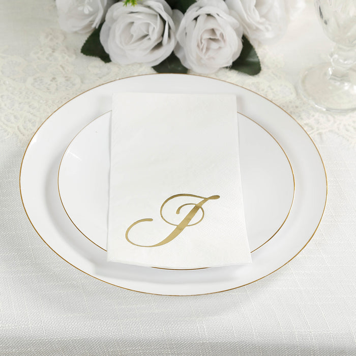 100 Paper Dinner Napkins White with Gold Foil Monogram