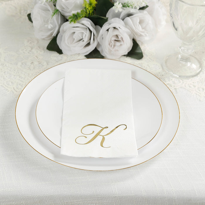 100 Paper Dinner Napkins White with Gold Foil Monogram