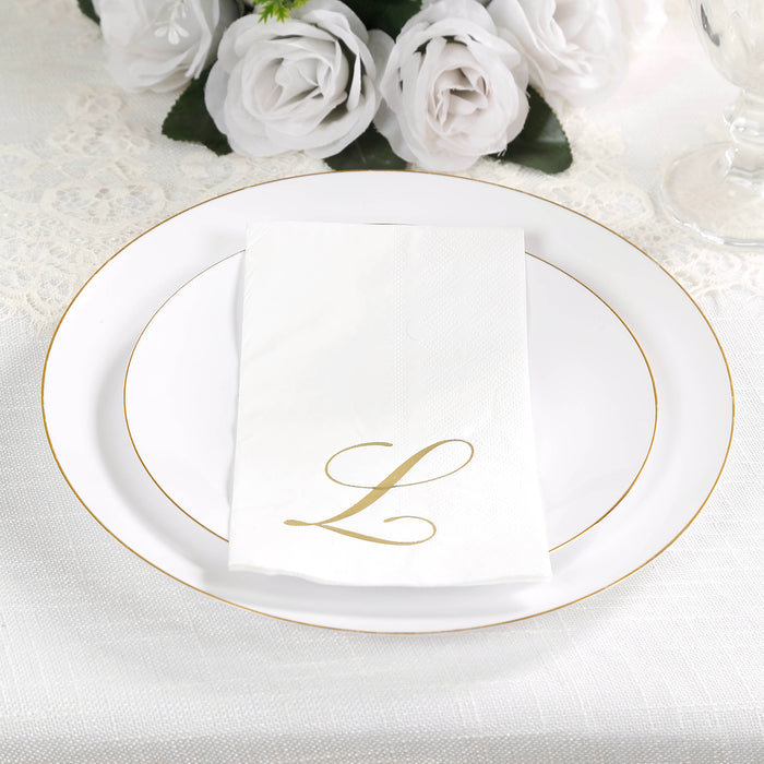 100 Paper Dinner Napkins White with Gold Foil Monogram