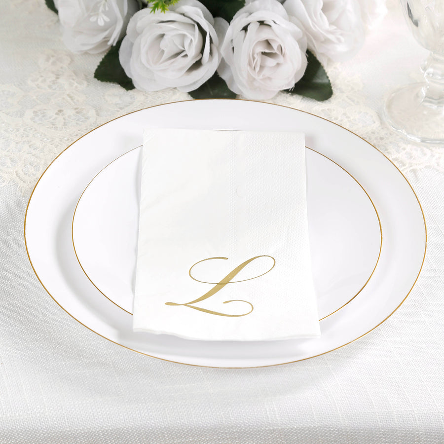 100 Paper Dinner Napkins White with Gold Foil Monogram