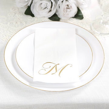 100 Paper Dinner Napkins White with Gold Foil Monogram "M" – 8"x4" Folded, Disposable Party Napkins
