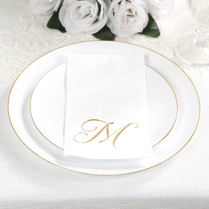 100 Paper Dinner Napkins White with Gold Foil Monogram