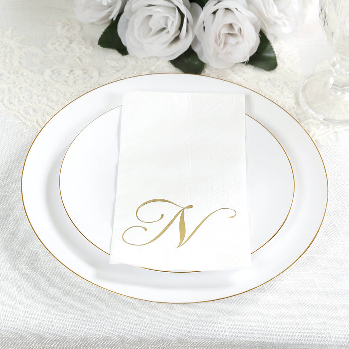 100 Paper Dinner Napkins White with Gold Foil Monogram