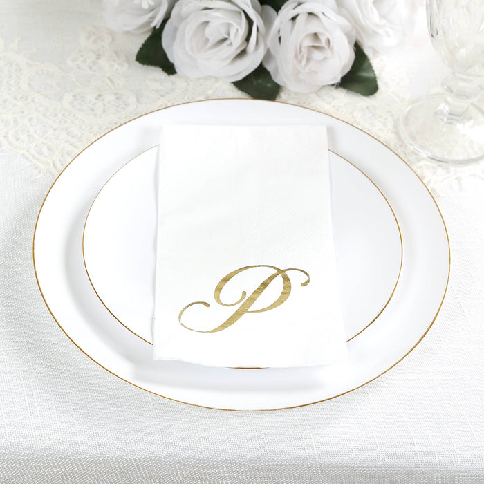 100 Paper Dinner Napkins White with Gold Foil Monogram