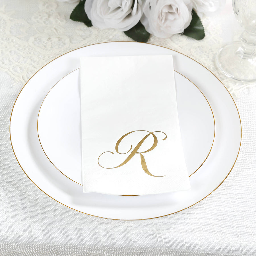 100 Paper Dinner Napkins White with Gold Foil Monogram